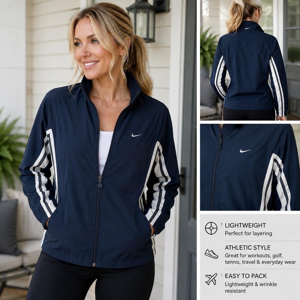 Nike Womens Navy Blue‎ White Stripe Full Zip Track Jacket Size M Mock Neck Mesh